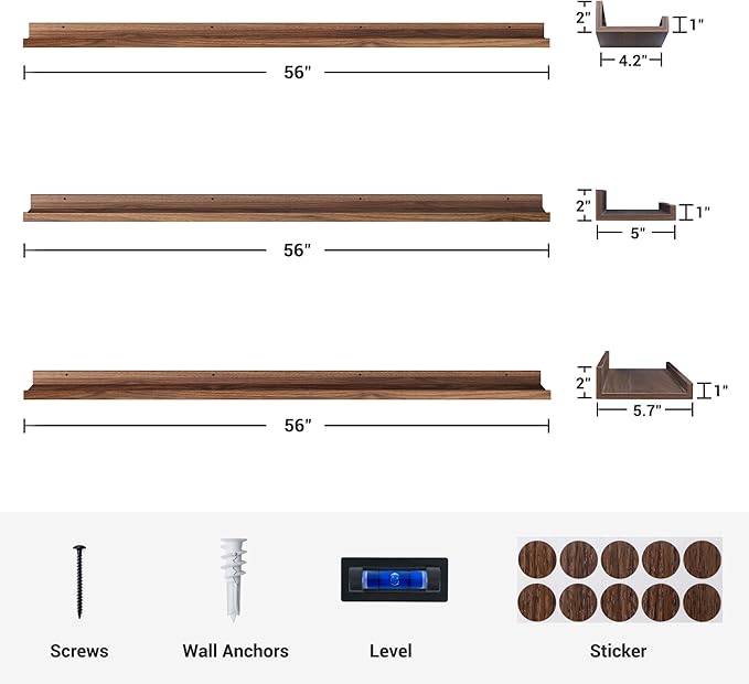 Axeman Picture Ledge Shelf | 55 Inch Walnut Floating Shelves Set of 3 | Rustic Wood Wall Shelves with Lip | 55" Walnut Picture Shelf for Wall with Ledge | Photo Shelves