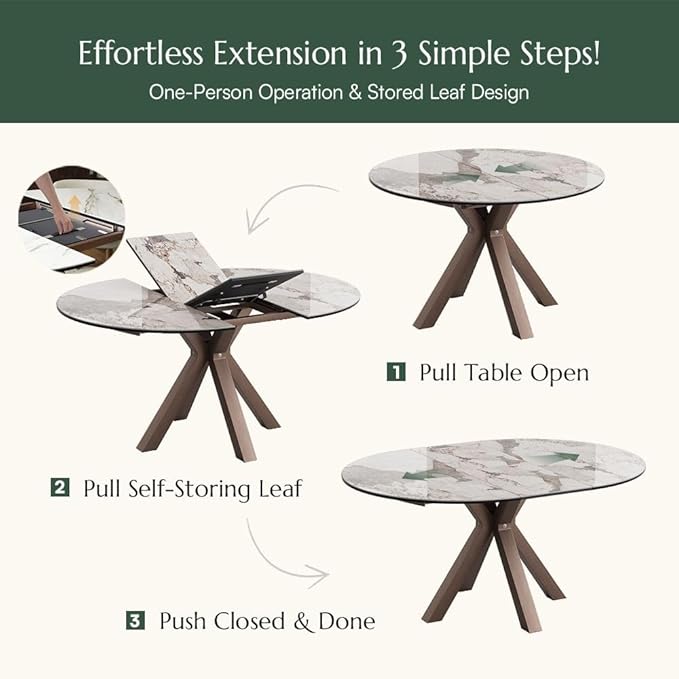 POVISON Modern Extendable Dining Table, 47" to 63" Round to Oval Sintered Stone Kitchen Table with Carbon Steel Pedestal Base for 4-6, Pandora with Bronze(Table Only