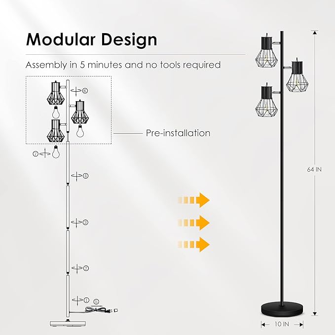BoostArea Industrial Floor Lamp,Standing Lamp,Farmhouse Tree Floor Lamps with 3 Adjustable Cage Heads,E26 Socket,Independent Control,Floor Lamp for Living Room,Bedroom,Rustic Home(No Bulb)