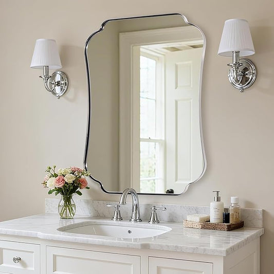 ANDY STAR Chrome Scalloped Mirror, 26x38 Inch Polished Chrome Mirror, Unique Bathroom Mirror with Scalloped Edge Design, Rust-Proof Stainless Steel 1’’ Frame, Home Decor