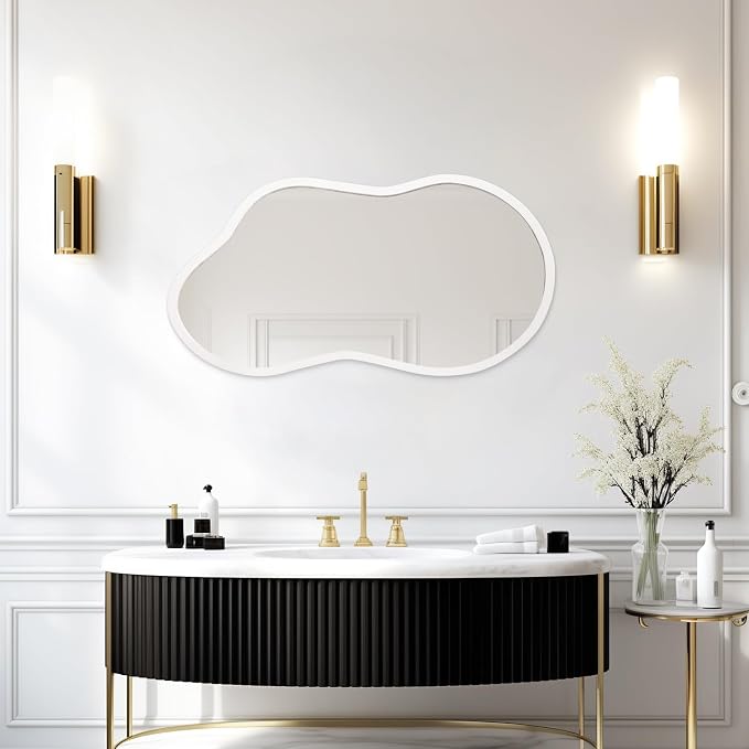AAZZKANG Irregular Wall Mirror Wooden Large 22"x12" Decorative Hanging Mirrors Asymmetrical for Bedroom Dressing Room Living Room Bathroom Entryway White