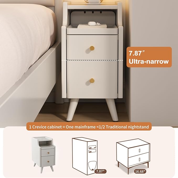 AQIMUELE Small Nightstand with Drawers, Solid Wood Bedside Table, Narrow Walnut Nightstand for Bedroom