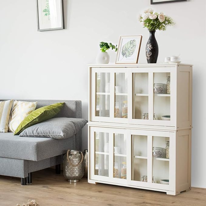 Sideboards Buffet Cabinet, Sliding Tempered Glass Door Coffee Bar, Console Table with Adjustable Shelf, Credenzas for Living Room, Stackable Kitchen Cupboard for Dining Room (White)