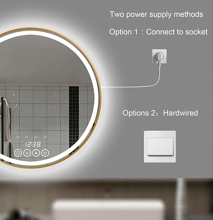 32 Inch Wall-Mounted Round Bathroom Mirror with LED-Lights - Frame Vanity Mirrors with Dimmable (32" x 32", Gold)