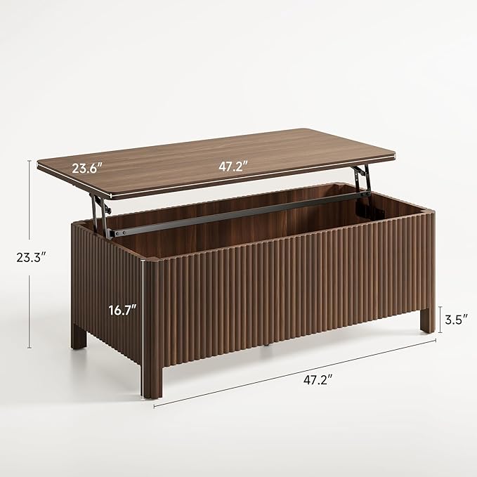 ONBRILL Fluted Lift Top Coffee Table with Storage, Mid Century Modern Coffee Table with Hidden Compartment, Rising Top Wood Center Table for Living Room, Home Office, Rounded Edges (Walnut)