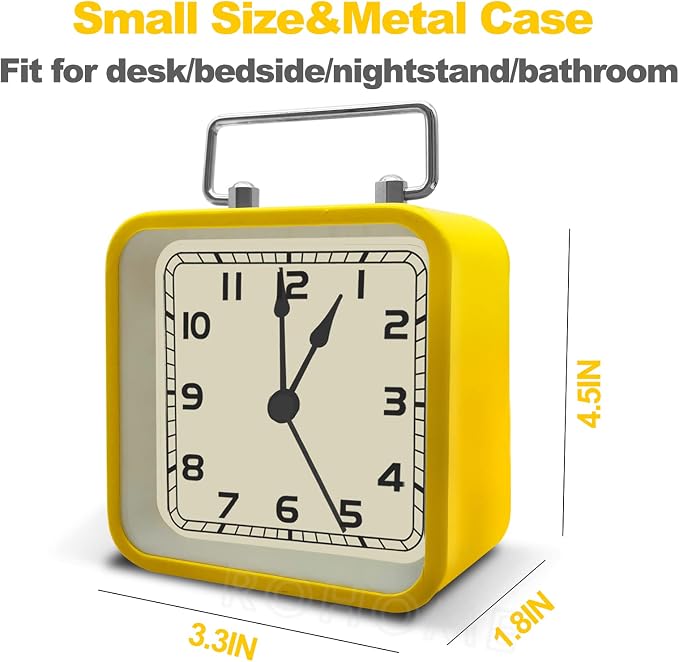 Rohome Small Alarm Clock, Retro Silent Quartz Movement with Night Light, Decorative Vintage Non Ticking Clock for Living Room, Office, Desk, Bedroom, Bedside, Hotel, Shelf, Nightstand (Yellow)