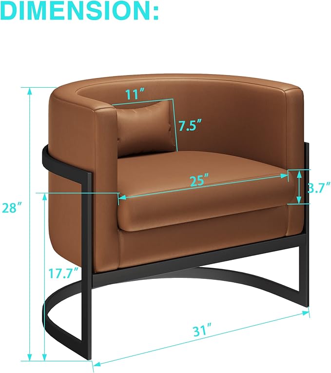 Brown Faux Leather Barrel Accent Chair Modern Upholstered Armchair for Living Room Bedroom Single Sofa Chair Club Side Chairs