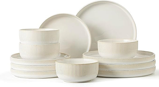 Frewinky Stoneware Dinnerware Sets for 4,12 Piece Kitchen Plates and Bowls Set,Reactive Glaze Porcelain Dinnerware Sets Scratch Resistant,Dishwasher and Microwave Safe,Vintage White