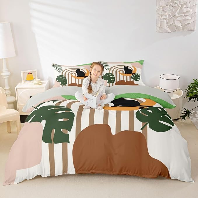 Erosebridal Funny Cat Bedding Set King Boho Mid Century Duvet Cover Modern Abstract Minimalism Geometric Comforter Cover for Kids Girls Boys Adults Tropical Palm Leaves Bed Set