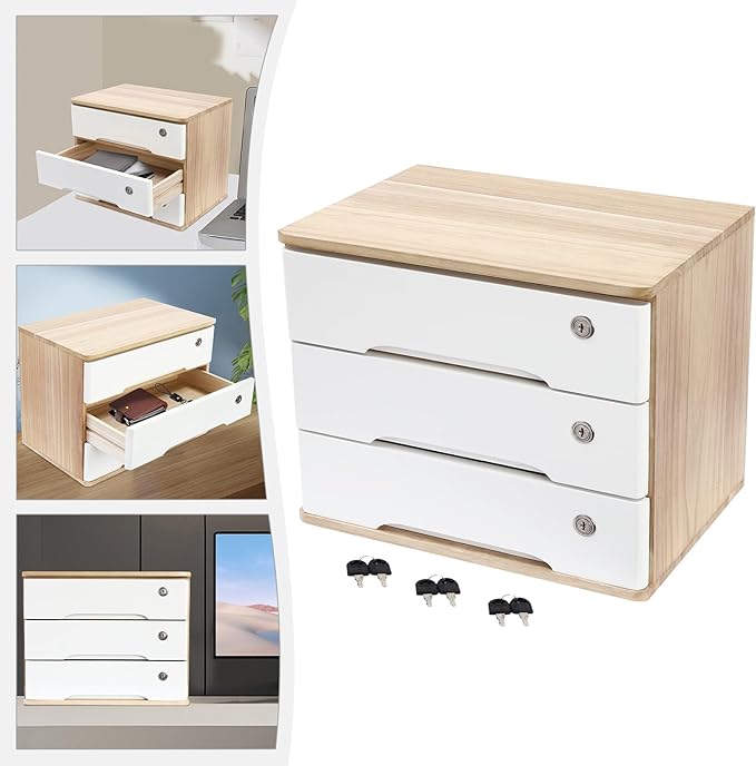 Desktop File Organizer with Lock, 2/3/4 Tier Multi-Drawer Wooden Storage Cabinet, Office Supply Organizer for Home Desk, Study & Workplace (Natural + White, 3 Layers)