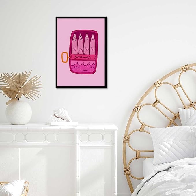 Retro Dinner Sardinas Canvas Wall Art Food And Drink Illustrations Posters Bar Cart Artwork Prints Pink Aesthetic Wall Decor For Living Room Bedroom Dorm Decor 12x16in Wframed