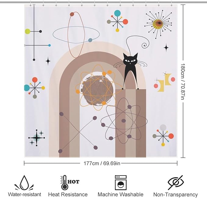 Atomic Cat Shower Curtain,Mid Century Modern Funny Black Cat Geometric Arched Abstract Modern Art Minimalist Boho Bathroom Curtain Polyester Waterproof Fabric Decor 72x72in（183x183cm）