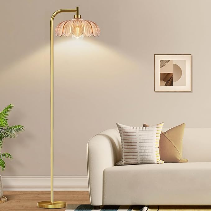 Gold Floor Lamp for Living Room,Bedroom,Mid Century Modern Standing Lamp with Remote,Dimmable Brass Tall Lamp Glass Lamp Vintage Retro Arc Floor Lamps Flower Floor Light Boho Bohemian