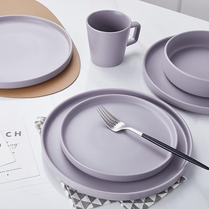 Stone Lain Cleo Stoneware 16-Piece Modern Dinnerware Set, Plates and Bowls, Light Gray, Service for 4, Microwave & Dishwasher Safe