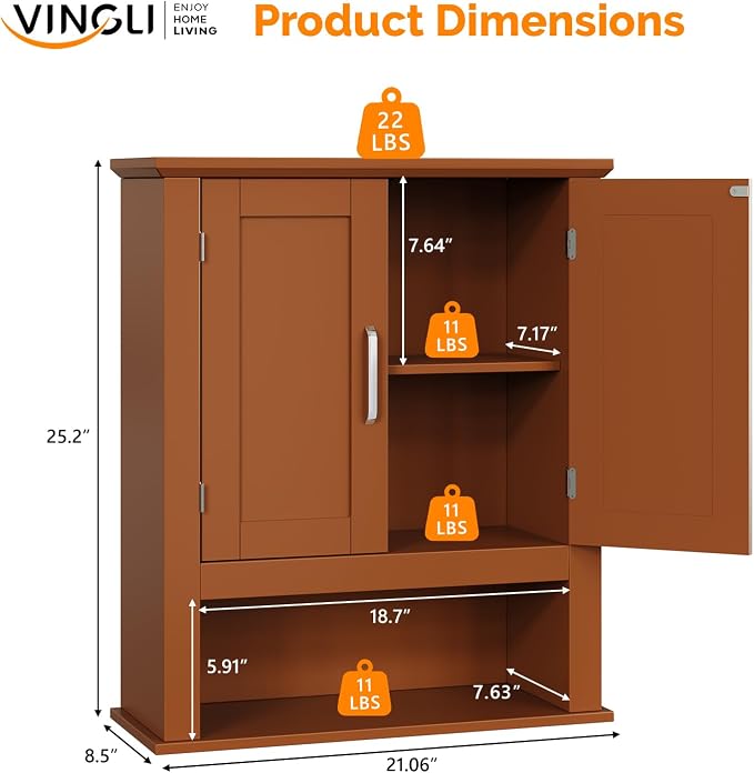 VINGLI Bathroom Wall Cabinet, Black Wall Mounted Storage Cabinet for Bathroom Over the Toilet, Medicine Cabinet with 2 Doors and 3-Height Adjustable Shelf & Open Shelf, Painted MDF, Space Saving