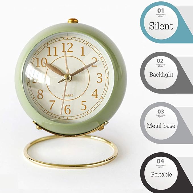 SHISEDECO Small Tableclocks Classic Non-Ticking Tabletop Alarm Clock with Backlight, Battery Operated Astronaut Deskclock with HD Glass for Living Room Bedroom Bedside Indoor Decor (Green)