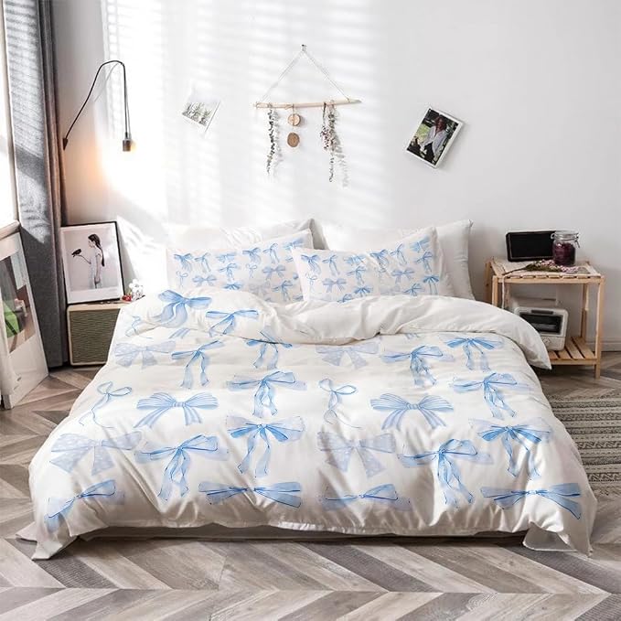 Trendy Blue Bow Duvet Cover Queen Size Coquette Bedding Set Bowknot Bed Cover Dreamy Princess Style Kids Girls Women Super Soft Bedding Set Funky Preppy Girly Room Decor Bed Decor 88"x88"