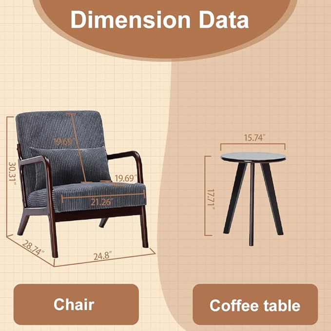 Accent Chairs with Side Table, Mid Century Modern Chair with Pillow, Arm Chair with Solid Wood, Reading Relaxing Leisure Chair for Living Room, Bed Room, Waiting Room, Grey
