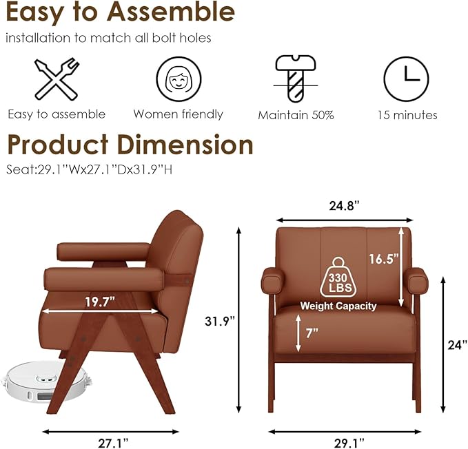 STHOUYN Brown Leather Accent Chairs Set of 2, Mid Century Modern Chair Set of 2, Side Arm Chairs for Living Room, Office Guest Waiting Room Lobby Chairs (2, Brown)