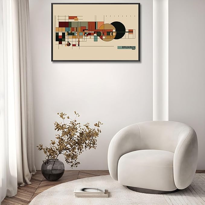 Bauhaus 1923 Geometric Framed Poster Modernist Bauhaus Style Earth Tone Grid Canvas Wall Art Circles And Rectangles Prints Painting For Home Bedroom Dorm Wall Decor 8x10in Framed