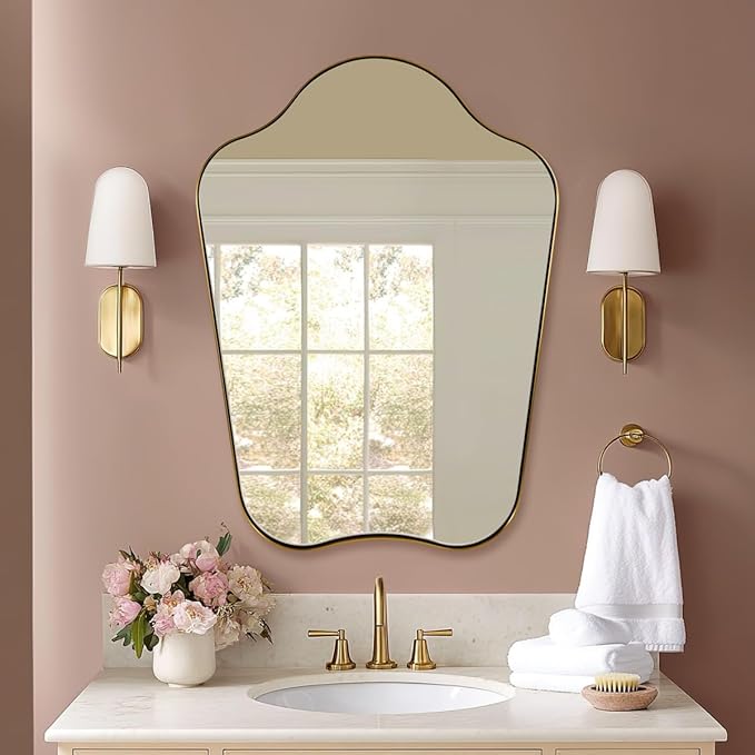 ANDY STAR 24x32 Gold Mirror, Brushed Brass Scalloped Mirror with Curved Design, Irregular Wall Mirror for Bathroom, Vanity, Powder Room, Stainless Steel Frame, Anti-Rust