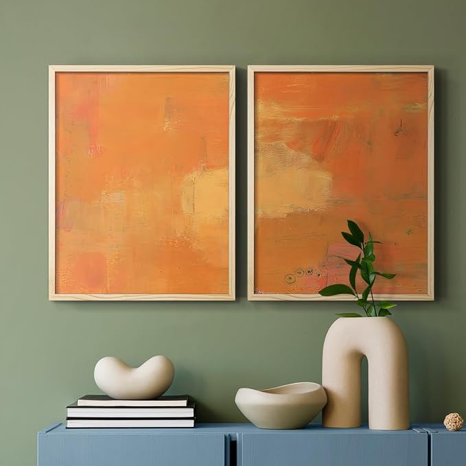 Renditions Gallery Set of 2 Peel & Stick Framed Prints, Abstract Wall Art, Rustic Fain Marking with Brush Strokes Wall Decor, Re-Stickable - Ready to Hang - 16"x20" - NATURAL WOOD Frame LT588