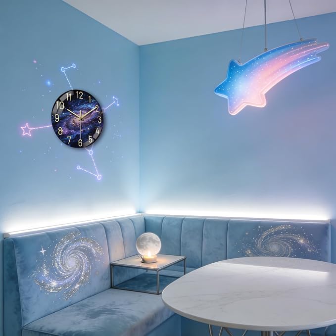 peacoblue Wall Clocks Battery Operated 12 Inch Universe Galaxy and Starry Sky Glass Round Wall Clock Non Ticking for Kitchen Living Room Dining Room Bedroom and Bathroom Decor (Battery not Included)