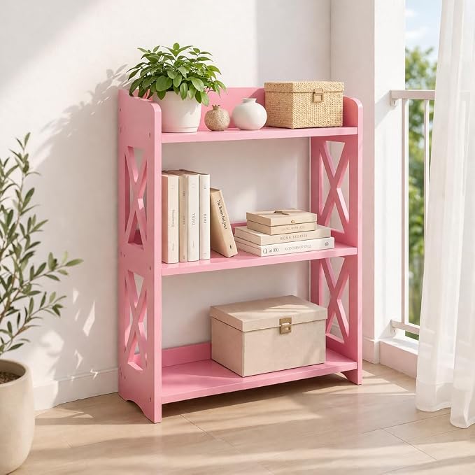 Pink Bookcase by Natural Wood, 3 Tier Bookshelf, Small Book Shelves Freestanding Display Storage Shelves. Open Bookshelf for Bedroom, Living Room and Office (Pink, 3 Tier)