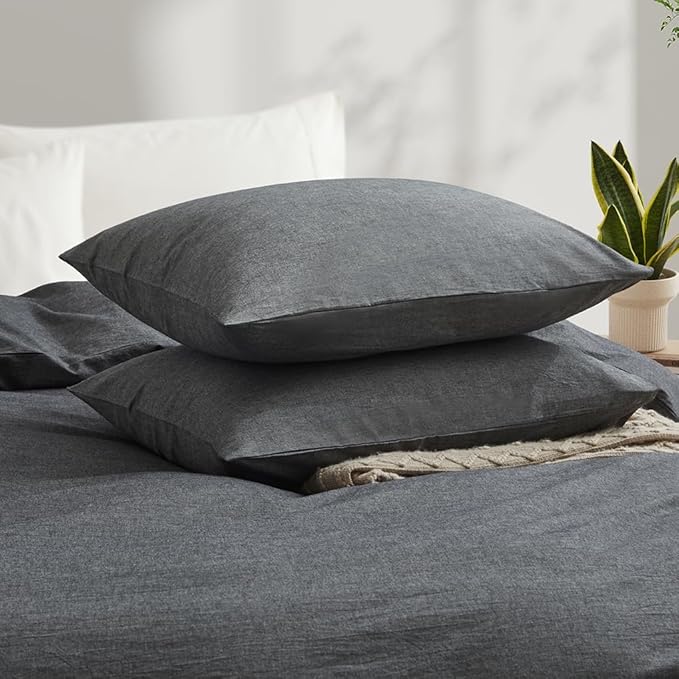 LOVQUE Dark Grey Duvet Cover Full Size, 100% Washed Cotton Linen Like Bedding Set with Zipper Closure (No Comforter), 80x90 Inches