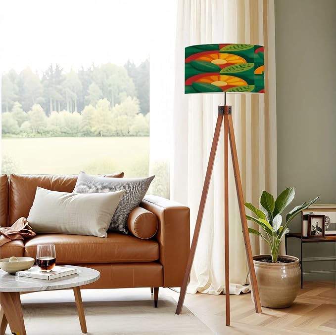 Wood Tripod Floor Lamp Fruits leaves nature Mid century modern art Abstract geometric Mid Century Standing Lamp Linen Shade Dimmable Modern Tall lamp Home Decor for Living Room Bedroom Office