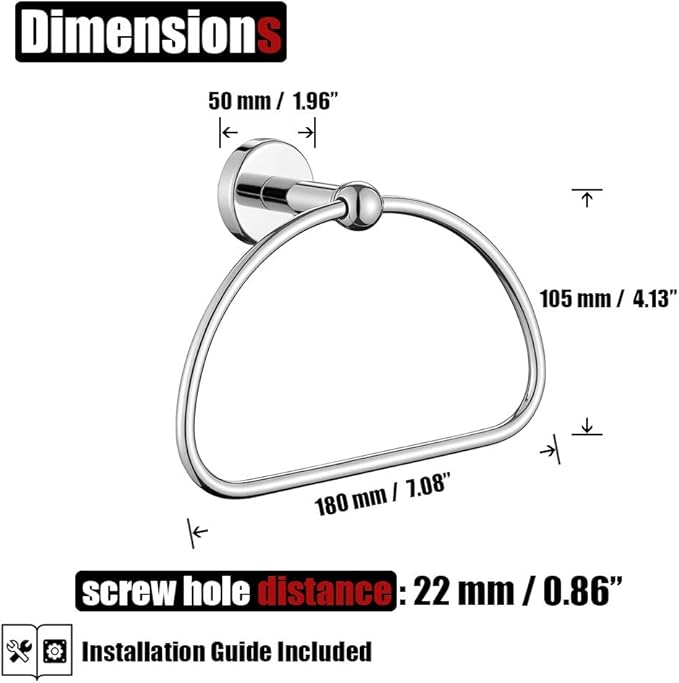 JQK Chrome Towel Ring, Stainless Steel Half Ring Towel Holder for Bathroom, 7 Inch Polished Chrome Wall Mount, TR160-CH