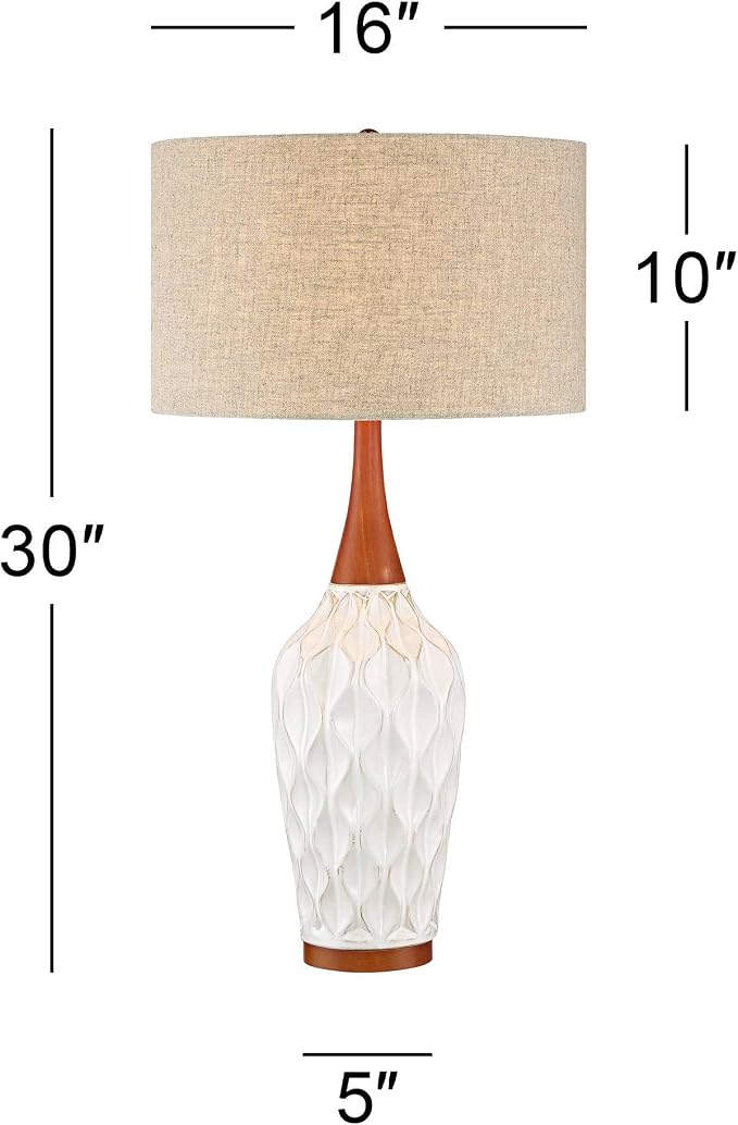 360 Lighting Rocco Mid Century Modern Table Lamp 30" Tall White Wave Geometric Ceramic Oak Wooden Neck Tan Fabric Drum Shade for Cottage Core Living Room Bedroom House Bedside Nightstand Home Office