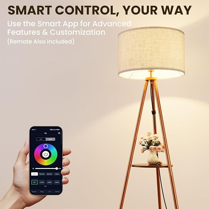 Tripod Floor Lamp with Shelves, RGBW Color Changing LED Bulb Included, Remote & App Control, Mid Century Modern Standing Light, E26 Base,Boho Copper Finish for Living Room, Bedroom, Office