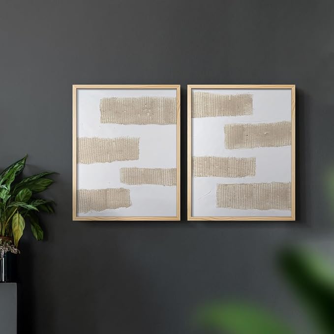 Renditions Gallery Set of 2 Peel & Stick Framed Prints, Modern Abstract Wall Art, Textured Brush Strokes Wall Decor, Re-Stickable - Ready to Hang - 22"x28" - NATURAL WOOD Frame LT588