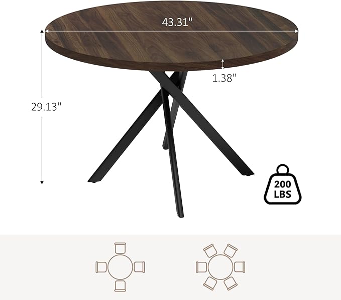 44" Round Dining Table for 4, Modern Mid-Century Dining Kitchen Table of 4, Cozy Dinette Round Table with Metal Leg for Kitchen Dining Room Apartment, Walnut