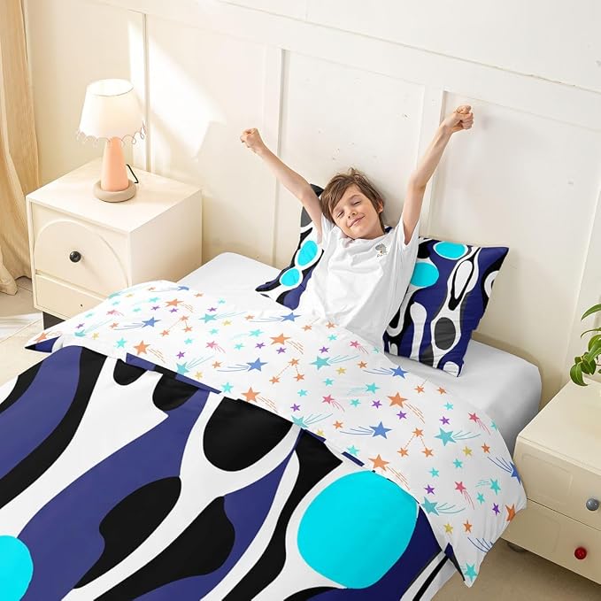 Erosebridal Organic Abstract Duvet Cover Set Modern Contemporary Girl Toddler Bedding Set for Little Boys Boho Mid Century Wavy Lines Comforter Cover Retro Geometric Bed Sets,Dark Blue Cyan