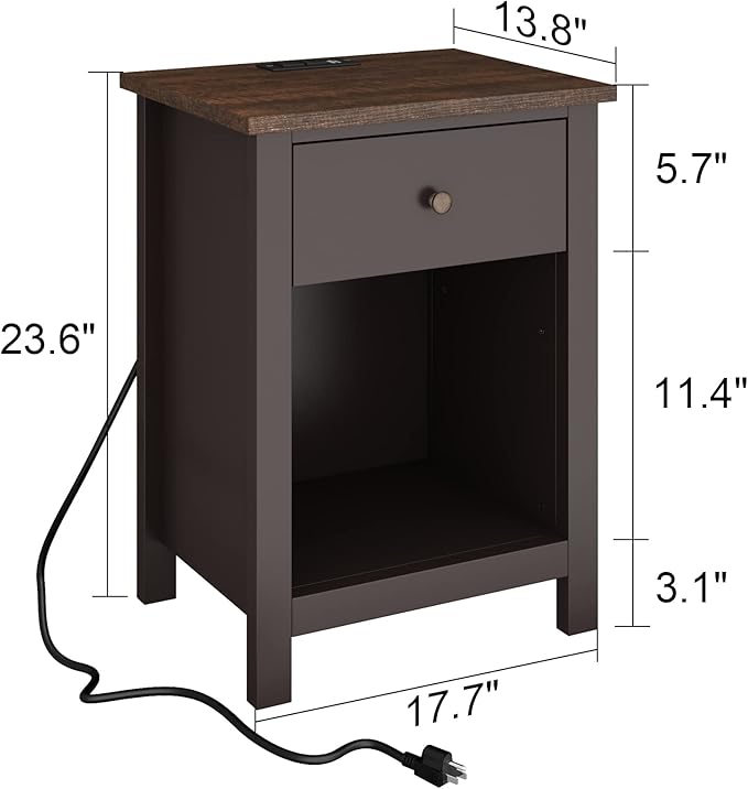 ChooChoo Nightstand with Charging Station, Wooden Top Bedside Table with Drawer and Storage Space for Bedroom, Espresso