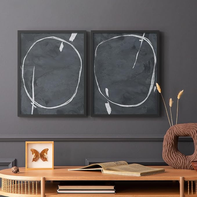 Renditions Gallery Set of 2 Peel & Stick Framed Prints, Abstract Wall Art, Circular Momentum Design Wall Decor, Re-Stickable - Ready to Hang - 16"x20" - Black Frame LT588