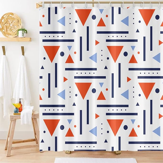 Abstract Geometric Shower Curtain Boho Orange Triangle Navy Blue Stripes Pattern Design for Modern Minimalist Bathroom Decor Accessories Shower Curtain Set with 12 Hooks, 60x72 Inches