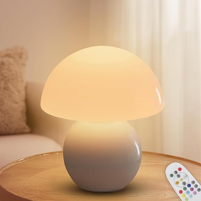 Cordless Cute Mushroom Lamp with Remote Control, Cordless Lamps for Tables, 9 RGB, 3 Color Temperature, Stepless Dimmable, Timer, Memory, Unique Aesthetic Home Decor for Living Room (White)