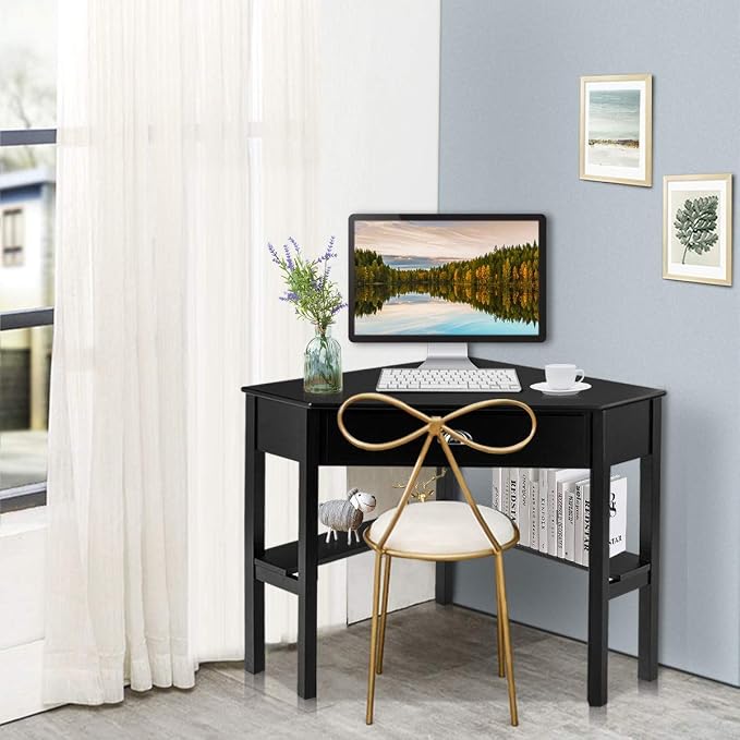 Nightcore Corner Desk for Small Space, Wood Corner Computer Desk, Compact Writing Table w/Drawer & Storage Shelves, Space Saving Study Workstation, Laptop PC Corner Table for Home Office