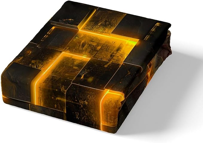 Orange Black Bed Set 3D Glowing Buffalo Duvet Cover Full Size Modern Abstract Art Full Bedding Sets Geometric Plaid Comforter Cover, Gradient Futuristic Cubes Bed Cover (Black Reversible)