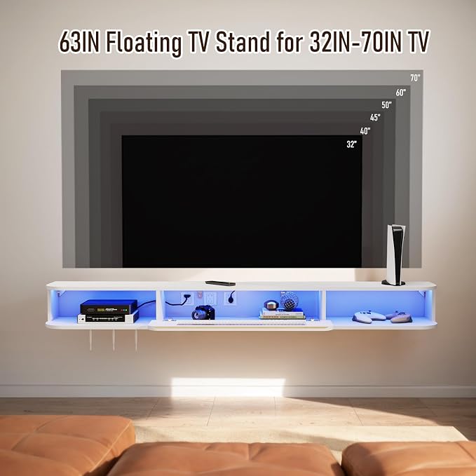 Floating TV Stand with LED Lights, 63'' Solid Wood Wall Mounted TV Cabinet with Glass Door, Mid-Century Entertainment Media Console Center Large Storage Shelf Under TV (62.99IN, White)