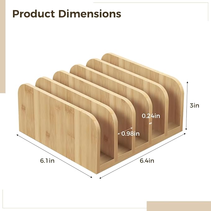 Mail Organizer for Home，Wooden File Organizer Rack, Portable Desk Document Holder with 5 Slots, Book and Folder Storage Stand, 6.4 x 6.1 x 3 in, Compact Wood Desk Organizer for Office Home School