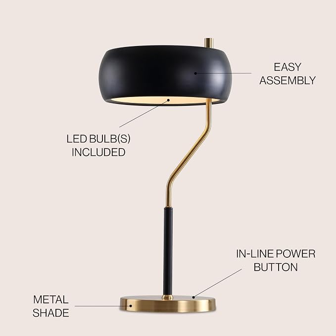 JONATHAN Y 22.5" Mid-Century Modern Desk Lamp, Black and Brass Gold Metal Bedside Lamp for Living Room, Bedroom Nightstand, Minimalist Office Task Lamp Black Metal Shade, LED Bulb Included JYL6008A
