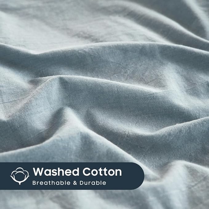 Wake In Cloud - Cotton Duvet Cover Set, 100% Washed Cotton, Linen Like Textured, Breathable Durable Comfy Farmhouse Neutral Bedding Set, 3 Pieces, Light Denim Blue, Full Size