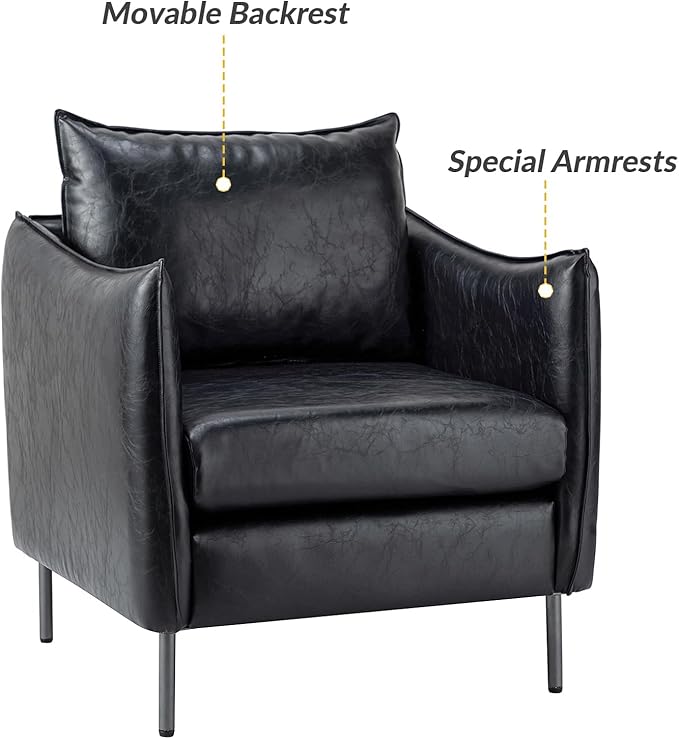HULALA HOME Leather Armchair, Modern Faux Leather Accent Armchair Upholstered Living Room Chairs with Moveable Cushion for Living Room, Office, Reading, Customer Reception, Black