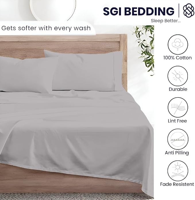 SGI bedding 100% Egyptian Cotton Sheets RV King Size 600 Thread Count Sheets Set, Soft, Cooling, 15" Deep Pocket, Luxury Hotel Bedding, Breathable, Durable - Light Grey