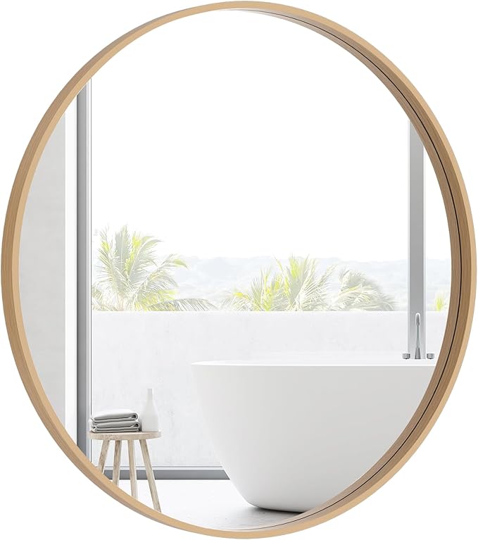HOMECOOKIN Round Wood Mirror, 31" Round Bathroom Wall Mirror Circle Mirrors for Wall Decor, Vanity, Living Room, Bedroom, Entryway, Natural