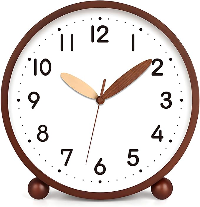 Maxspace Wooden Table Clock,8in Silent Non-Ticking Desk Clock,Battery Operated Desktop Analog Clock for Living Room Bedroom Kitchen Office Classroom Decor (Walnut - White)